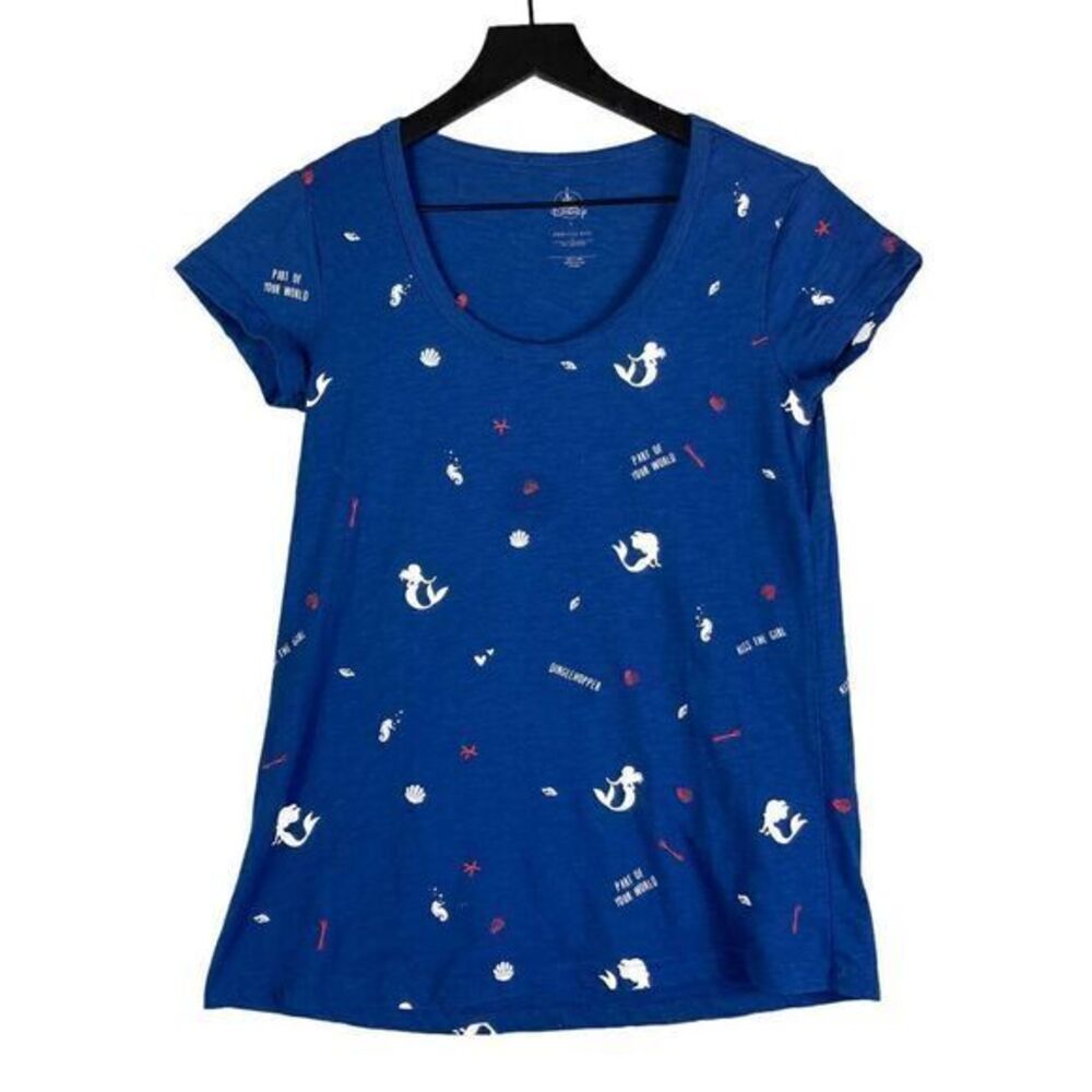 Little Mermaid Disney Shirt‎ Womens Size Small Blue Ariel Allover Print Cap Tee